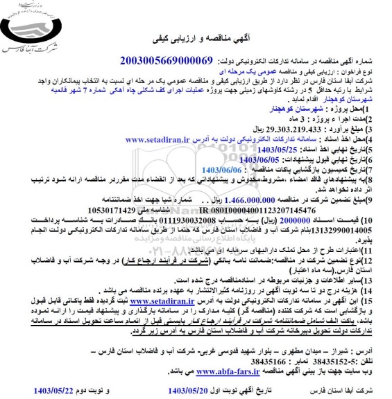 مناقصه پروژه عملیات اجرای کف شکنی چاه آهکی