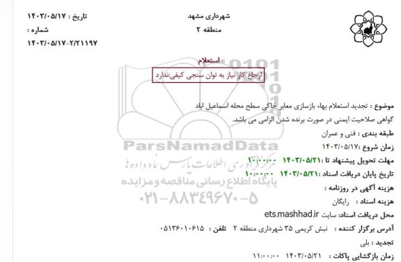 تجدید استعلام بهاء بازسازی معابر خاکی سطح محله اسماعیل اباد