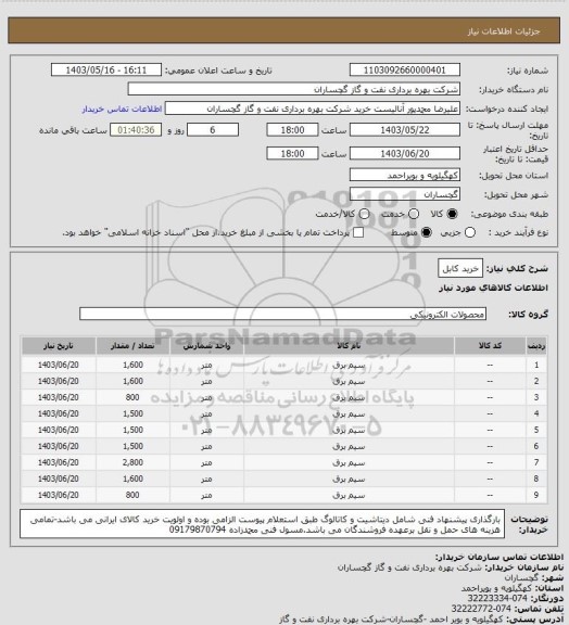 استعلام خرید کابل