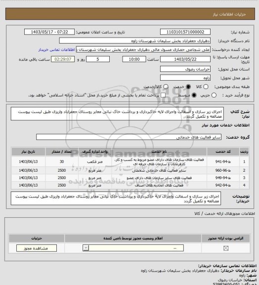 استعلام اجرای زیر سازی و اسفالت واجرای لایه خاکبرداری و برداشت خاک نباتی معابر روستای جعفراباد واریزی طبق لیست پیوست مصالعه و تکمیل گردد