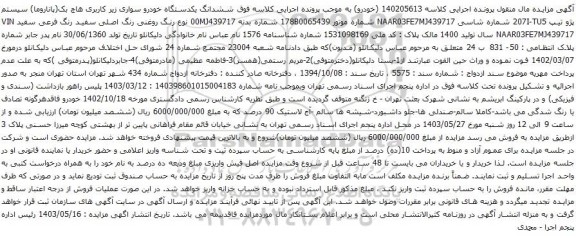 آگهی مزایده ششدانگ یکدستگاه خودرو سواری زیر کاربری هاچ بک(پاناروما) سیستم پژو تیپ 207I-TU5