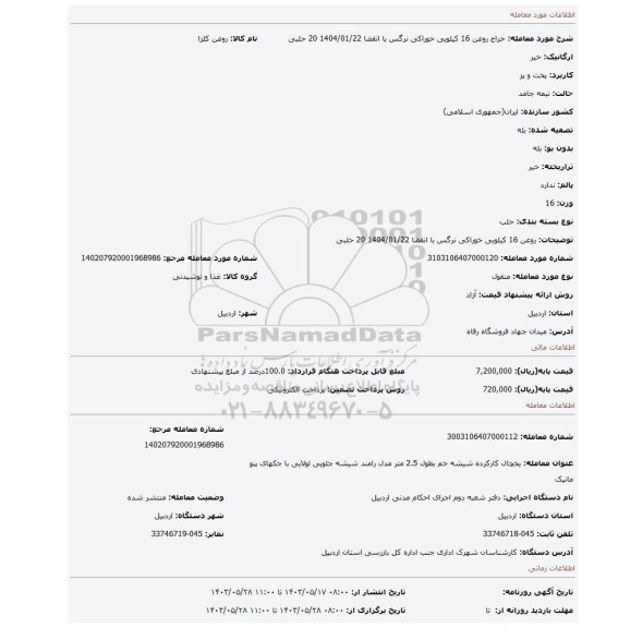 مزایده، روغن 16 کیلویی خوراکی نرگس با انقضا 1404/01/22 20 حلبی
