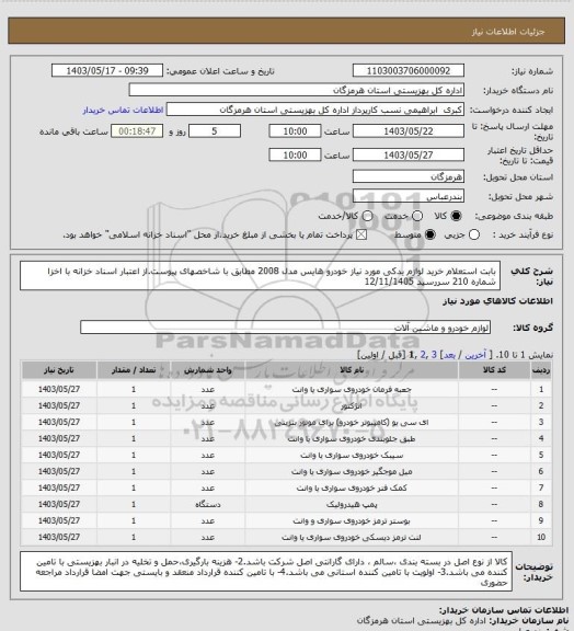 استعلام بابت استعلام خرید لوازم یدکی مورد  نیاز خودرو هایس مدل 2008 مطابق با شاخصهای پیوست.از اعتبار اسناد خزانه با اخزا شماره 210 سررسید 12/11/1405