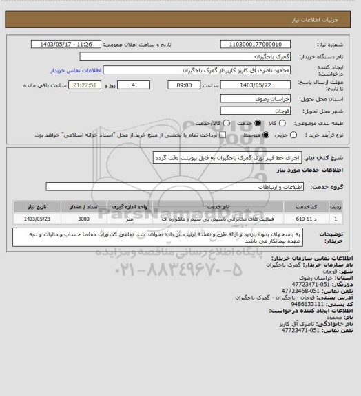 استعلام اجرای خط فیبر نوری گمرک باجگیران به فایل  پیوست دقت گردد