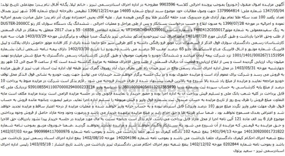 آگهی مزایده ششدانگ یک دستگاه سواری کار رنو DUSTER-2000CC 