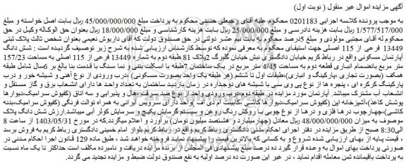مزایده فروش شش دانگ آپارتمان مسکونی