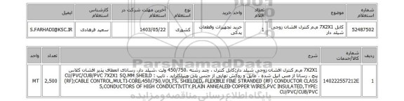 استعلام کابل 7X2X1 م.م کنترل افشان زوجی شیلد دار