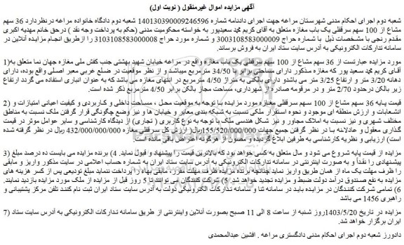 مزایده سرقفلی یک باب مغازه 