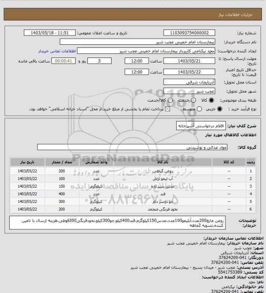 استعلام اقلام درخواستی آشپزخانه