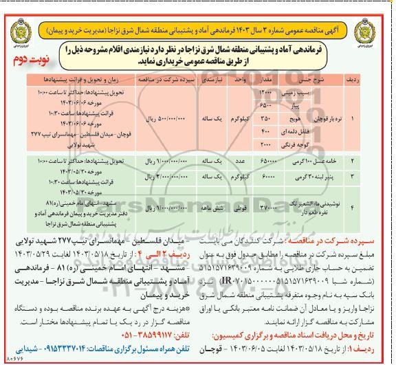 مناقصه نیازمندی اقلام - نوبت دوم