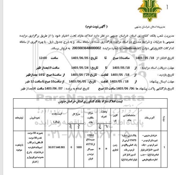 مزایده فروش املاک مازاد تحت اختیار با کاربری زمین تجاری - نوبت دوم