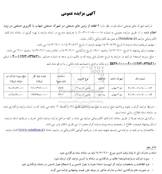 مزایده واگذاری   2 قطعه از زمین های صنعتی در شهرک صنعتی شهاب با کاربری صنعتی