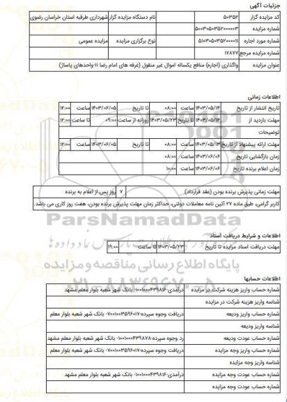 مزایده ، واگذاری (اجاره) منافع یکساله اموال غیر منقول (غرفه های امام رضا 11-واحدهای پاساژ)