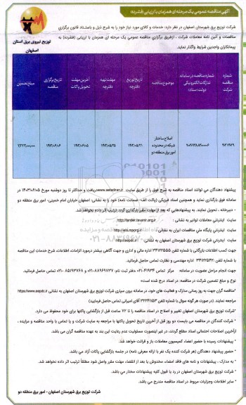 مناقصه  اصلاح ساختار شبکه در محدوده امور برق منطقه دو
