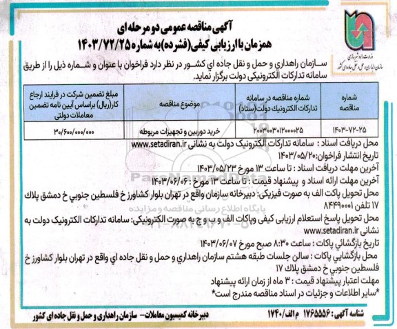 مناقصه خرید دوربین و تجهیزات مربوطه