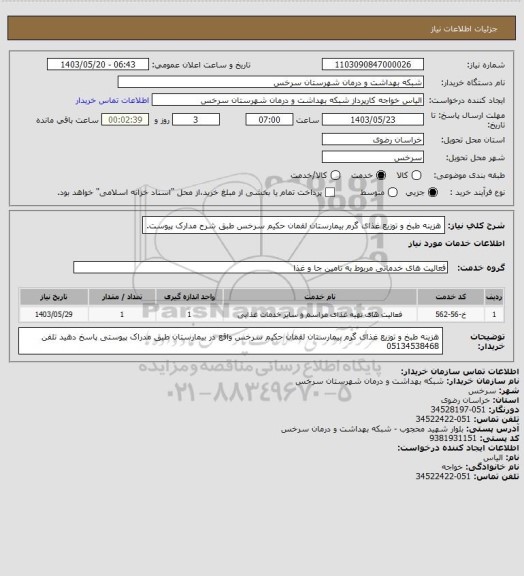 استعلام هزینه طبخ و توزیع غذای گرم بیمارستان لقمان حکیم سرخس طبق شرح مدارک پیوست.