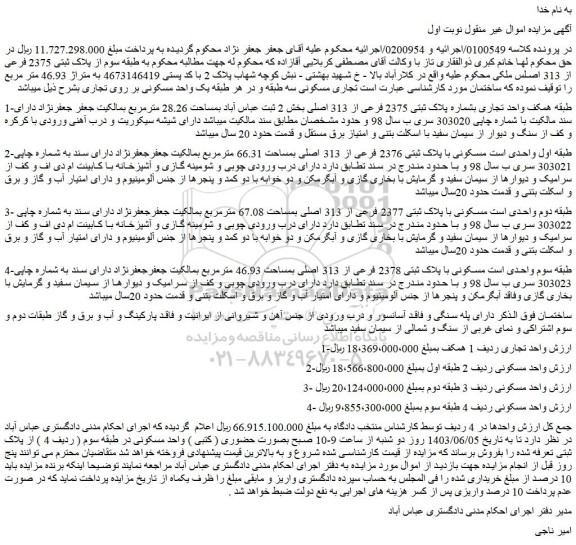 مزایده فروش طبقه همکف واحد تجاری بشماره پلاک ثبتی 2375 فرعی از 313 اصلی