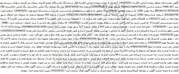 آگهی مزایده ششدانگ یکدستگاه خودرو کاربری سواری زیر کاربری سواری سیستم پژو تیپ PARS XU7