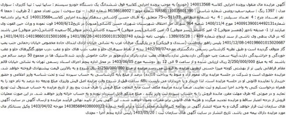 آگهی مزایده  ششدانگ یک دستگاه خودرو سیستم : سایپا تیپ : تیبا کاربری : سواری مدل : 1397
