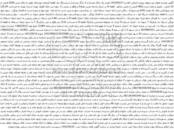 مزایده ششدانگ یک قطعه آپارتمان نوع ملک طلق به پلاک ثبتی 5306 فرعی از 33 اصلی 