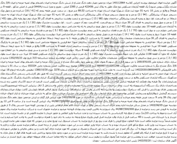مزایده یک قطعه آپارتمان مسکونی نوع ملک طلق به پلاک ثبتی 422456 فرعی از 2395 اصلی 