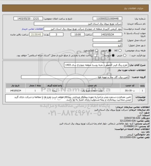 استعلام طرح رینگ فیدر کیانمهر و نخبه روستا منطقه چهارباغ سال 1403