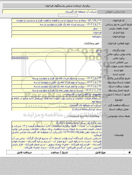 مناقصه, استعلام قیمت: عملیات پر و مسلوب نمودن چاه های غیرمجاز اداره منابع آب کلاله و مراوه تپه