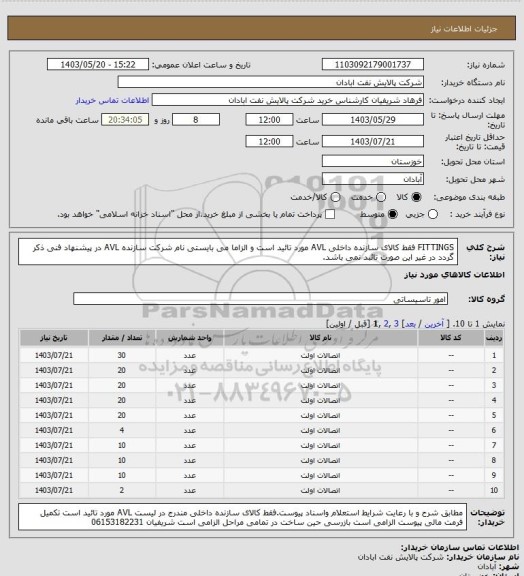 استعلام FITTINGS فقط کالای سازنده داخلی AVL مورد تائید است و الزاما می بایستی نام شرکت سازنده AVL در پیشنهاد فنی ذکر گردد در غیر این صورت تائبد نمی باشد.
