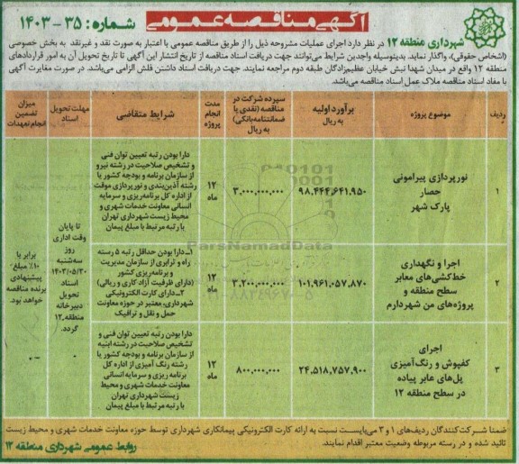 مناقصه نورپردازی پیرامونی حصار پارک شهر....