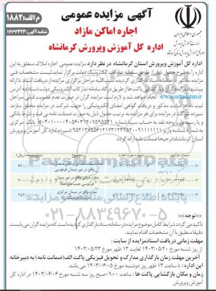 مزایده اجاره اماکن مازاد