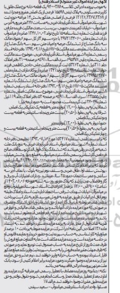 مزایده فروش یک قطعه خانه نوع ملک طلق با کاربری مسکونی به پلاک ثبتی 15598 فرعی