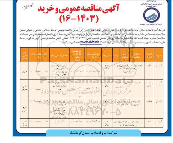 مناقصه انجام آزمایشات میکروبیولوژی و ...نمونه های آب و فاضلاب .....