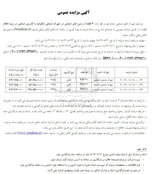 مزایده واگذاری 3 قطعه از زمین های صنعتی در شهرک صنعتی شکوهیه با کاربری صنعتی 