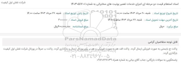 استعلام قیمت دو مرحله ای اجرای خدمات تعمیر یونیت های مخابراتی 