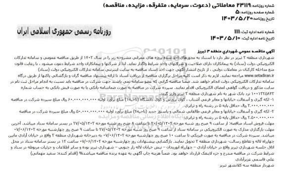 مناقصه لکه گیری و آسفالت خیابانها و معابر فرعی و...