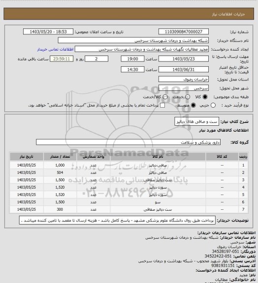 استعلام ست و صافی های دیالیز
