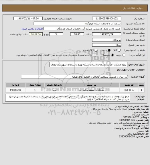 استعلام پروژه عملیات اجرایی توسعه وبازسازی شبکه توزیع روستاهای شهرستان رودان
