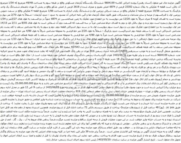 آگهی مزایده ششدانگ یکدستگاه آپارتمان مسکونی واقع در طبقه سوم به مساحت 49/48 مترمربع