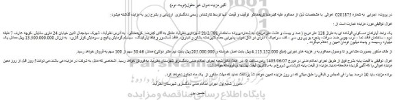 مزایده فروش یک واحد آپارتمان مسکونی قولنامه ای به متراژ 128 متر مربع ( صد و بیست و هشت متر مربع)