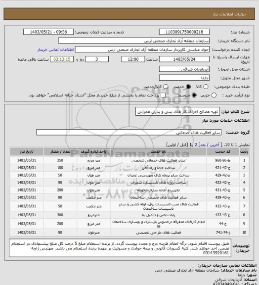 استعلام تهیه مصالح  اجرای کار های بتنی و بنایی عمرانی