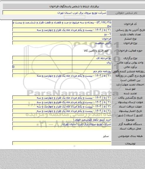 مناقصه, خرید کنتور تکفاز هوشمند فهام ۱