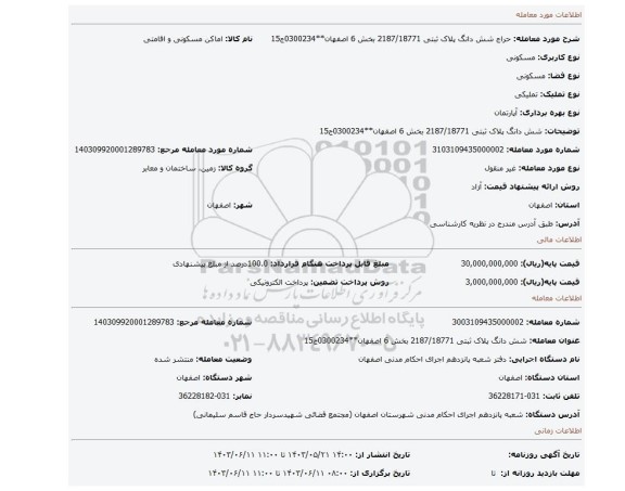 مزایده، شش دانگ پلاک ثبتی 2187/18771 بخش 6 اصفهان**0300234ج15