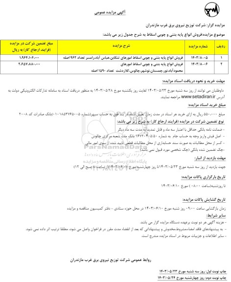 مزایده فروش انواع پایه بتنی و چوبی اسقاط 