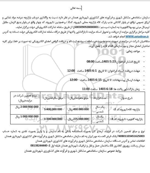 مزایده واگذاری دو باب بازارچه عرضه مواد غذایی و ارزاق عمومی