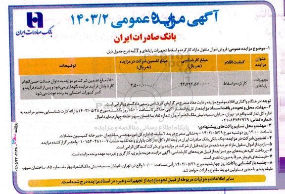 مزایده فروش اموال منقول مازاد کارکرده و اسقاط تجهیزات رایانه ای و IT