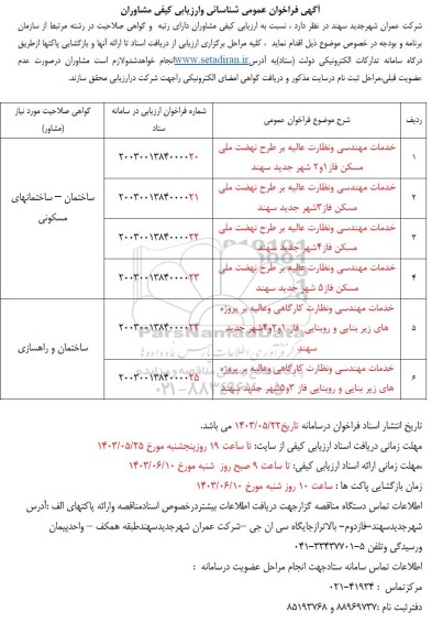 فراخوان عمومی شناسائی و ارزیابی کیفی مشاوران 