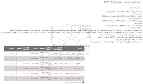 مزایده تولیدی صنعتی بهران موتور 