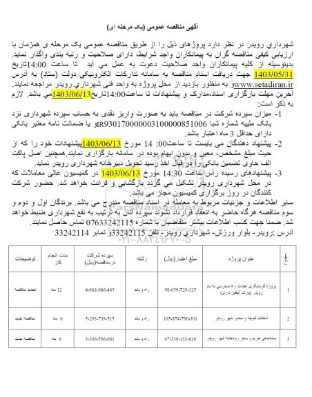 مناقصه پروژه گردشگری احداث راه دسترسی به بام رویدر (پارک آبخیز داری) و...​​​​​​​