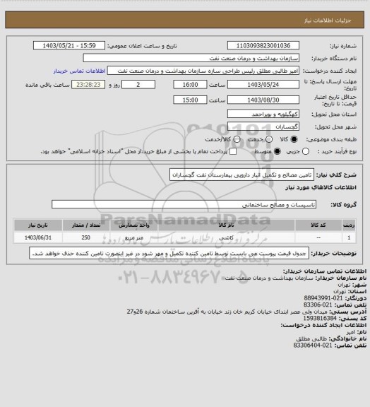 استعلام تامین مصالح و تکمیل انبار دارویی بیمارستان نفت گچساران