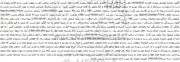 آگهی مزایده پژو تیپ : 405Glx xu7 مدل: 1398